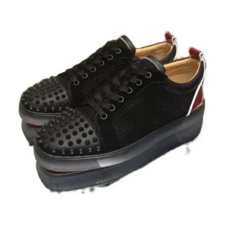 Low Cut Red Bottom Shoes for Men Luxury Brand High Quality Trainers Driving Spiked Bar Rivets Toecap Black Weave Genuine Leather