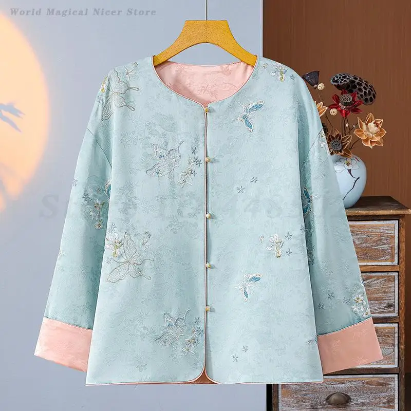 

Embroidery Jacquard Jacket Women Tang Costume Top New Year Chinese Style Shirt Coat Vintage Long Sleeves Round Neck Coats
