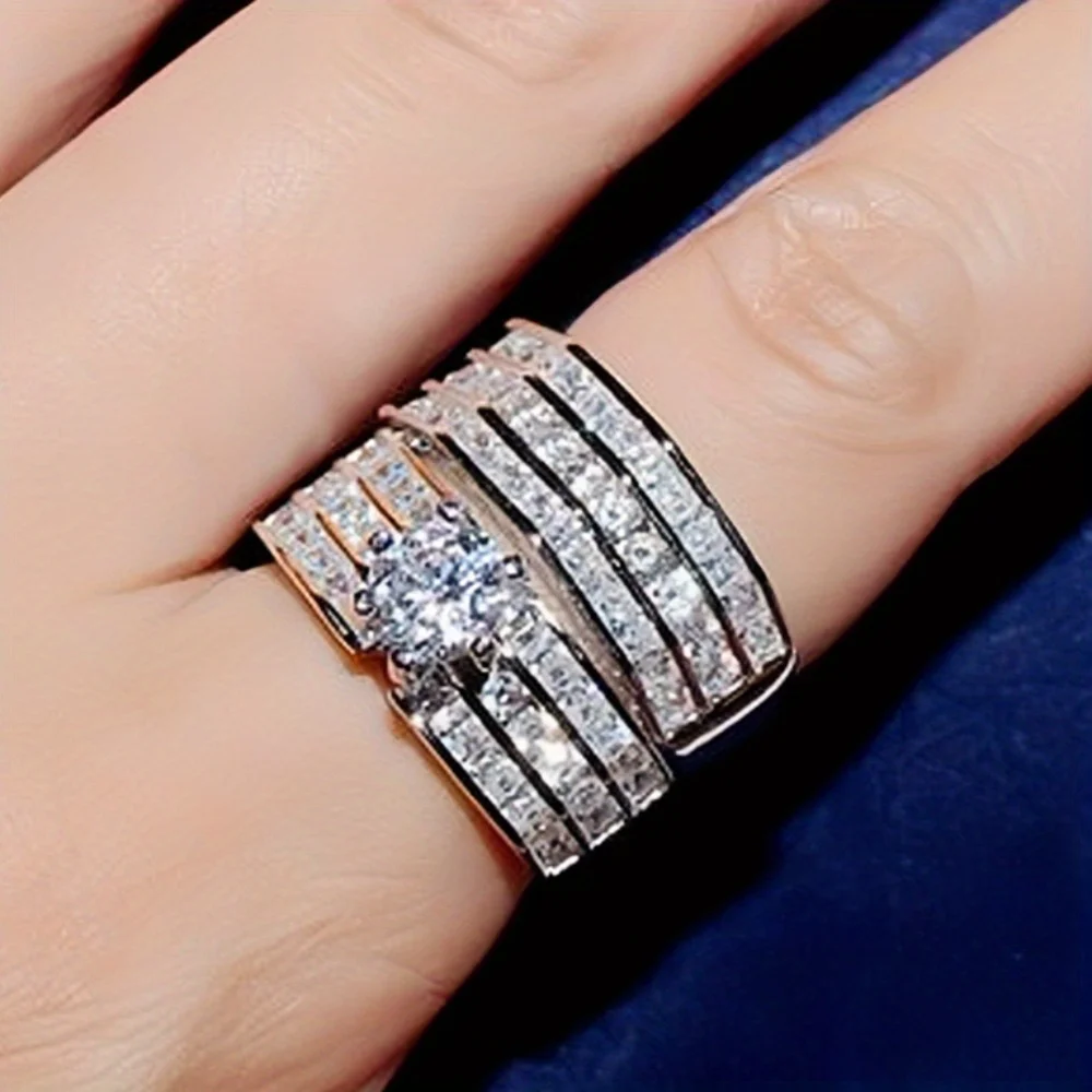 2pc Princess Bridal Ring Set Wedding Ring Couple Rings Vintage Ring Band Simulated Hinestones Engagement Ring Set Wedding Engagement Promise Bride Eternity Ring Anniversary Ring Birthstone Ring Ladies Romantic Valentine's Day Gift Jewelry Gifts for Girls
