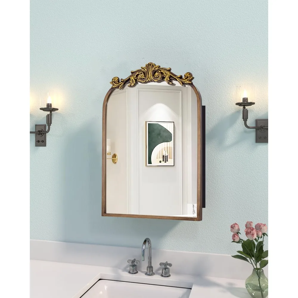 

16x24 Inch Recessed or Surface Mount Medicine Cabinet Mirror with Vintage Bronze Carving & Hand-Painted Aluminum Frame, All-Meta