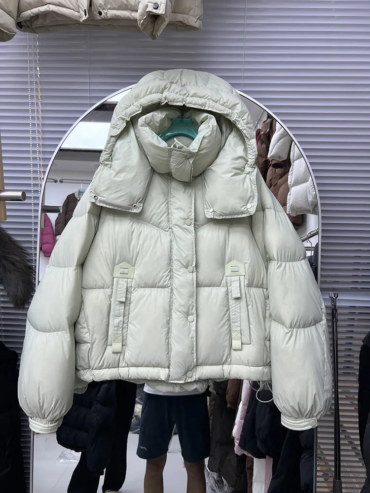 Korean version drawstring hem loose versatile white duck down jacket women's winter new trend hooded short style down coat