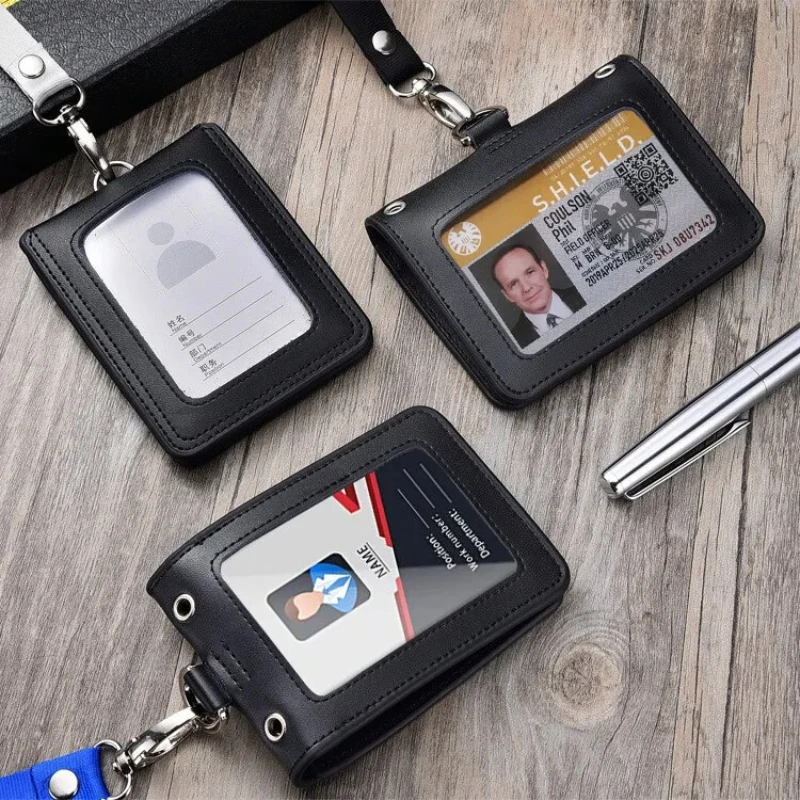 New 4-sided Transparent Window Decoration Badge Holder ID Card Work Card Holder Real Belt Strap Name Label Employee Badge