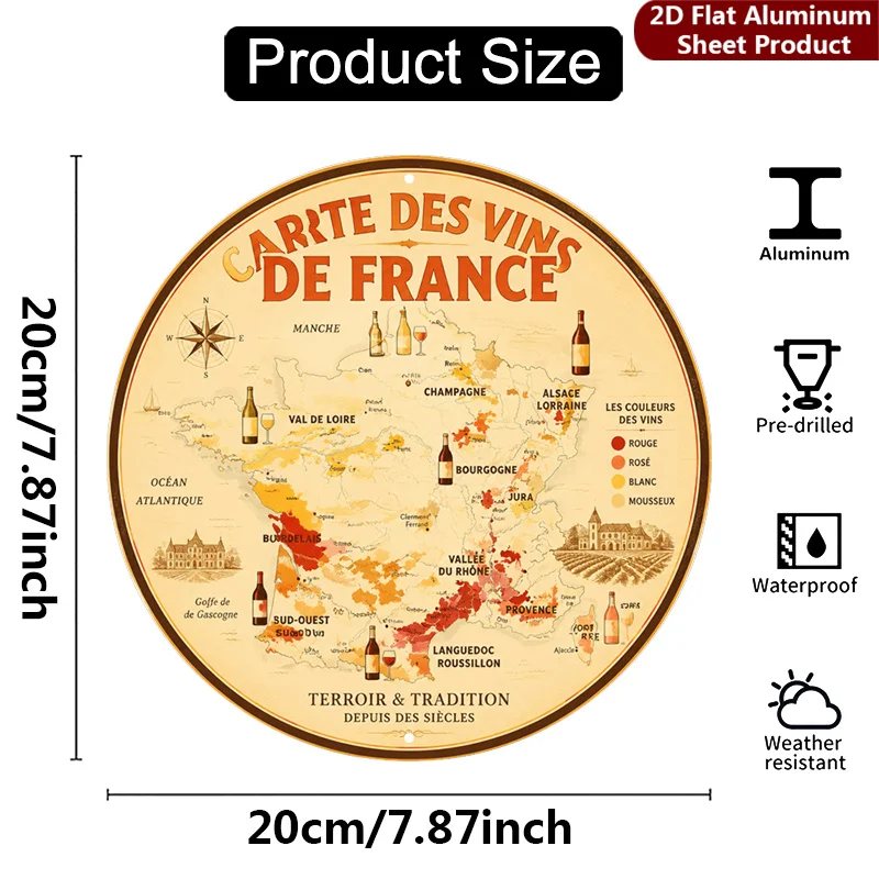 2D Flat, 1pc, French Wine Map Sign - 8X8 Inches, Vintage Style Metal Wall Decor, Elegant Design Decorative Sign
