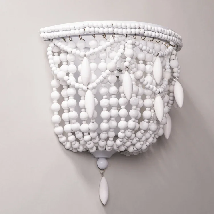 French wooden bead wall lamp study bedroom  Lamp Retro European white beaded wall lamp free shipping