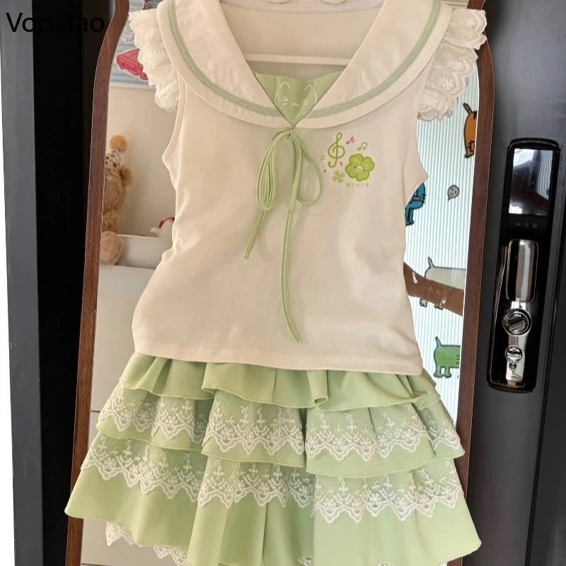 Japanese Sweet Lolita 2 Piece Sets Women Cute Sailor Collar Cartoon Print Lace T-shirts Tops Cake Mini Skirts Kawaii Y2k Outfits