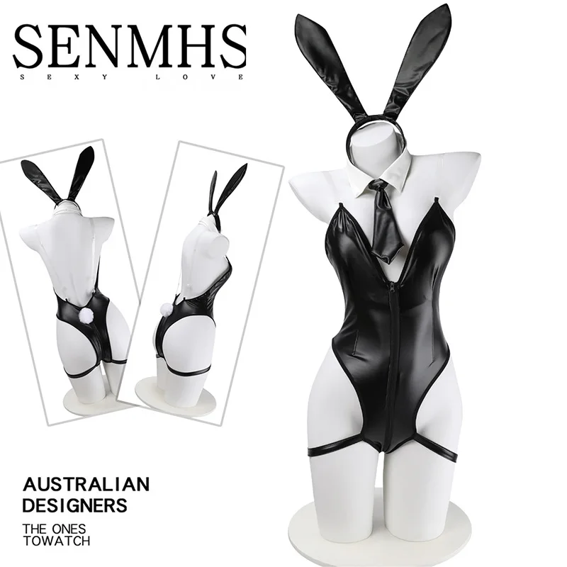 

Cute Bunny Girl Zipper Up PU Leather Backless Jumpsuit Teddies Anime Halloween Cosplay Coffee Maid Rabbit Bodysuit Dropship