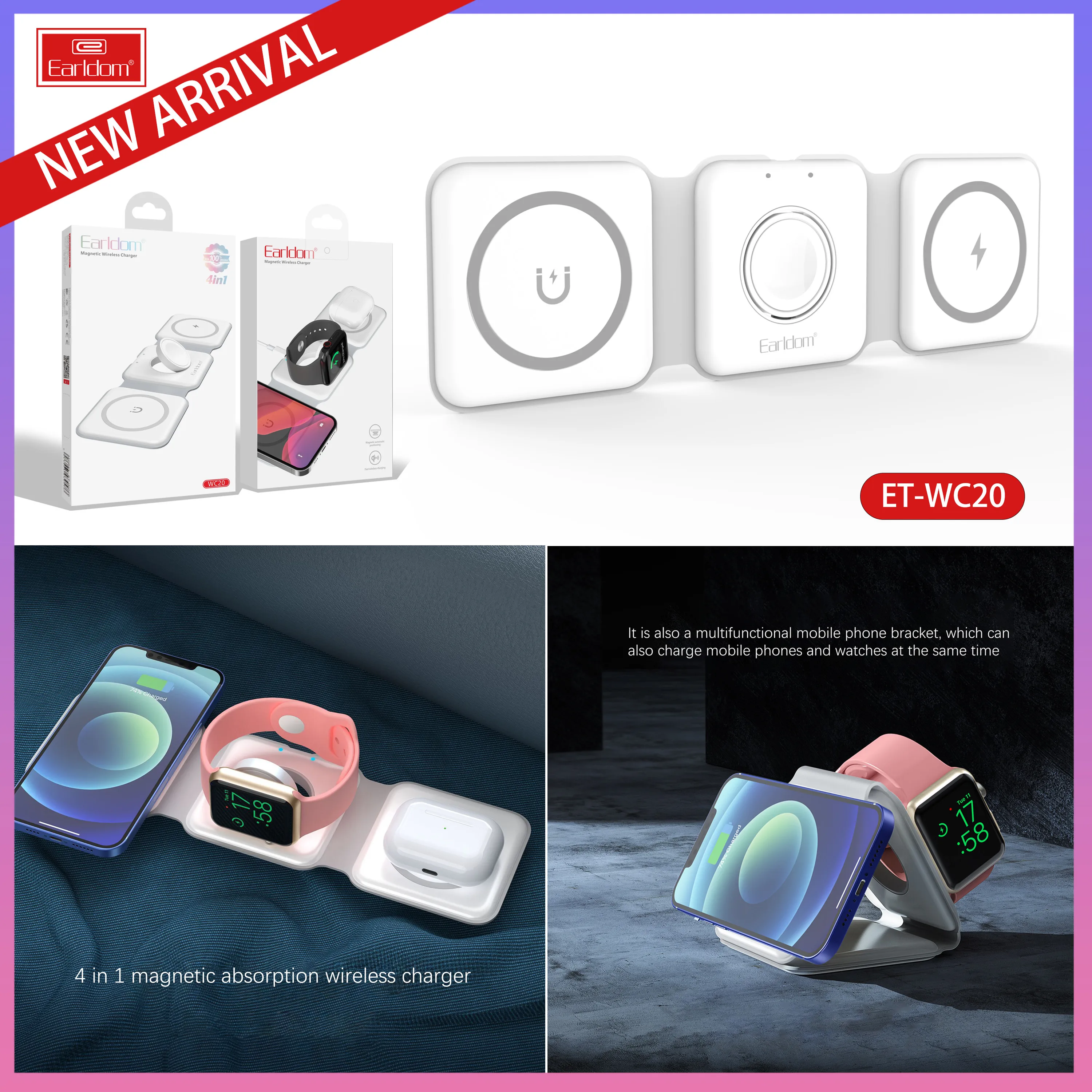 

4 In 1 Fast Charging Wireless Magnetic Charger For IPhone 16 15 14 Pro Max Airpods IWatch Foldable Mobile Phone Wireless Charger