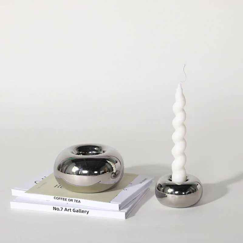 Modern Simple Ceramic Silver Candlestick Ornaments Round Candle Pedestal Ins Style Desktop Home Christmas Decorations