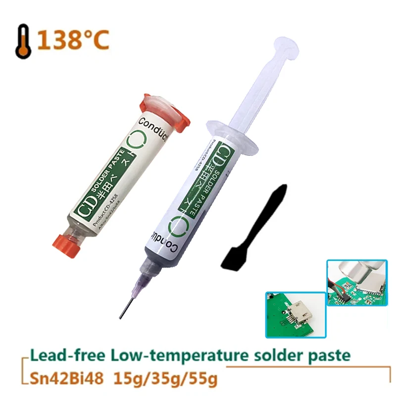 Needle Tube Type Lead-free Low Temperature Solder Paste Sn42Bi58 Melting Point 138℃ SMD PCB BGA LEDRepair Low Temperature 30/55g