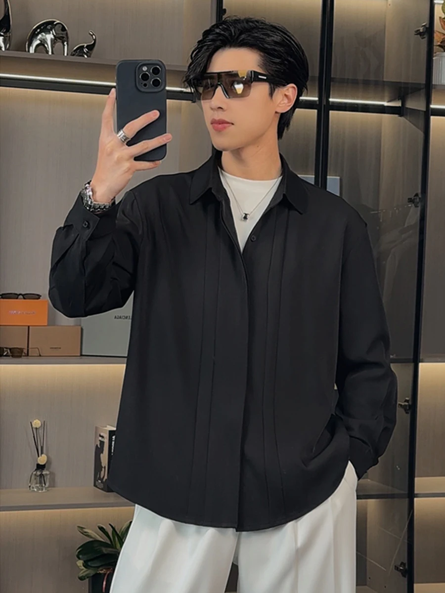 

Bla Pleated Long Sve Men's irt Briti Preppy Design Cool Trendy High End Feeling Haome Outerwear for Youth
