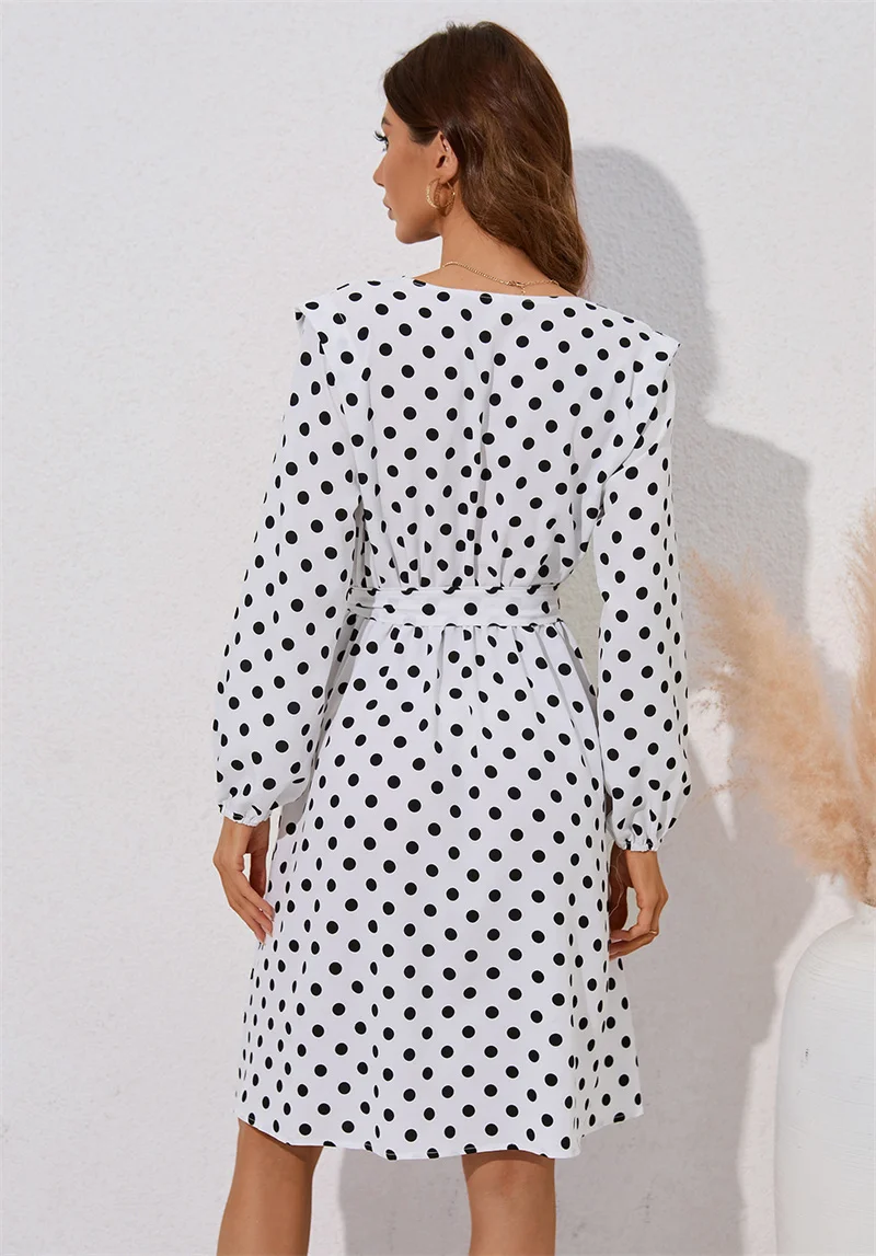 2022 Autumn Winter Women Long Sleeve Dresses Polka Dot Printed V-Neck Split Waist Fashion Lace Dress Female Elegant Streetwear