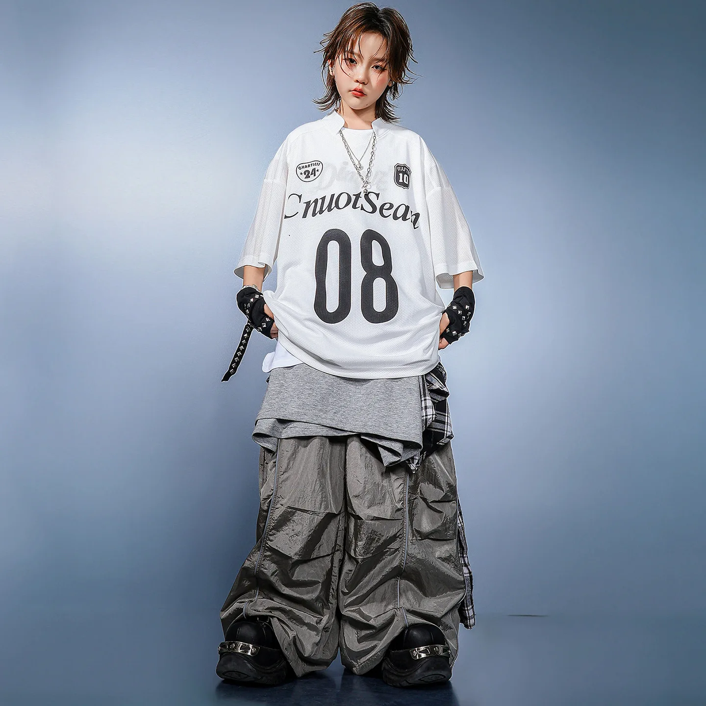 

Kid Kpop Hip Hop Clothing White Jersey T Shirt Top Gray Casual Wide Leg Parachute Pants for Girl Boy Dance Wear Costume Clothes