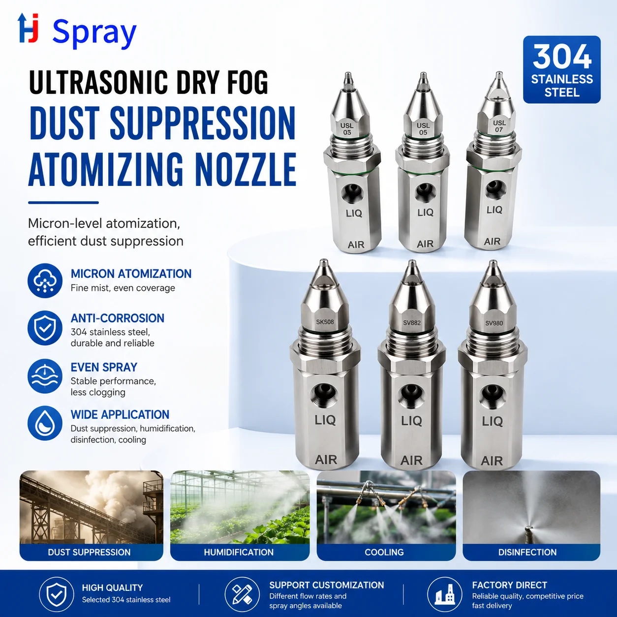 Huajue Air Atomizing Nozzle Two Fluid Dry Fog Spray Nozzle Stainless Steel Fine Mist Dust Suppression Cooling