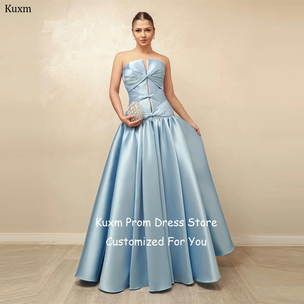 Kuxm Sky Blue Satin Formal Evening Dresses Sweetheart A Line Elegant Prom Gowns Sleeveless Floor Length Party Attire Customized