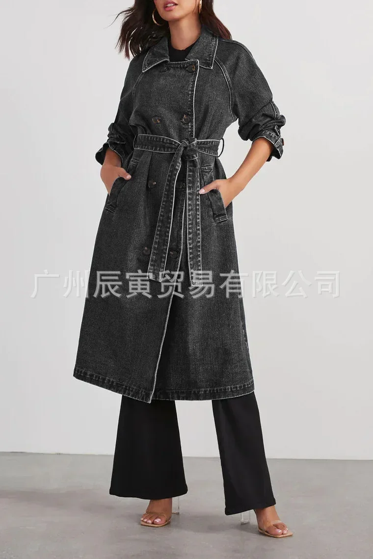 Women Trench Single Breasted Turn Down Y2k Denim Coats Pockets Jackets Loose Button Spring High Street Work Elegant Streetwear