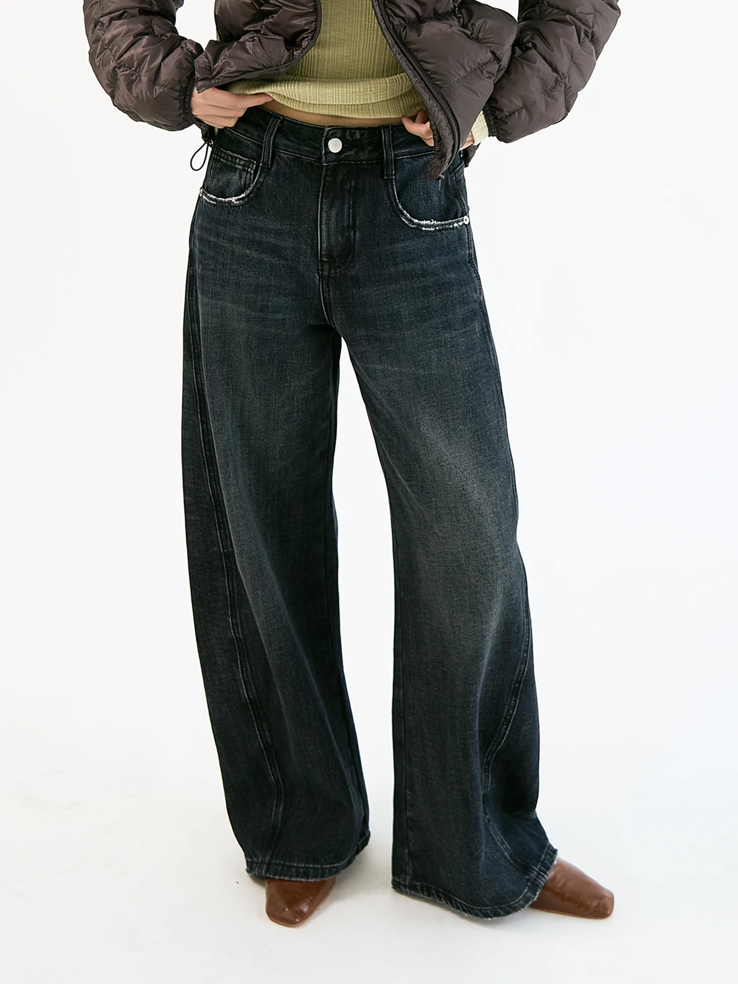 

Классические ретро-джинсы прямого кроя с эффектом потертости, женские, зимние, теплые, хлопковые, с застежкой-молнией на талии, для повседневной носки, синий деним