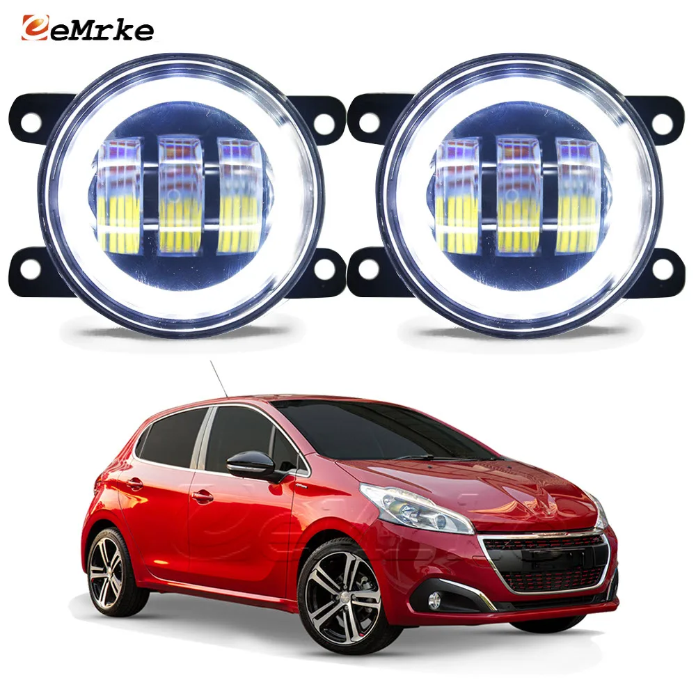 Led Car Fog Lamp Assembly 30W Lens for Peugeot 208 CA_ CC_A9 2012-2018 W/ White Angel Eye DRL Ring and Yellow Turn Signal Lights