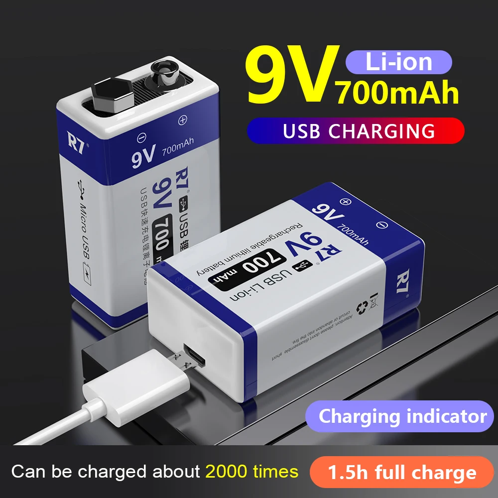 

R7 brand 700mAh 9v type-c UsB charging Battery 9v Li-ion Rechargeable Battery For Metal detector Microphone Camera Drone