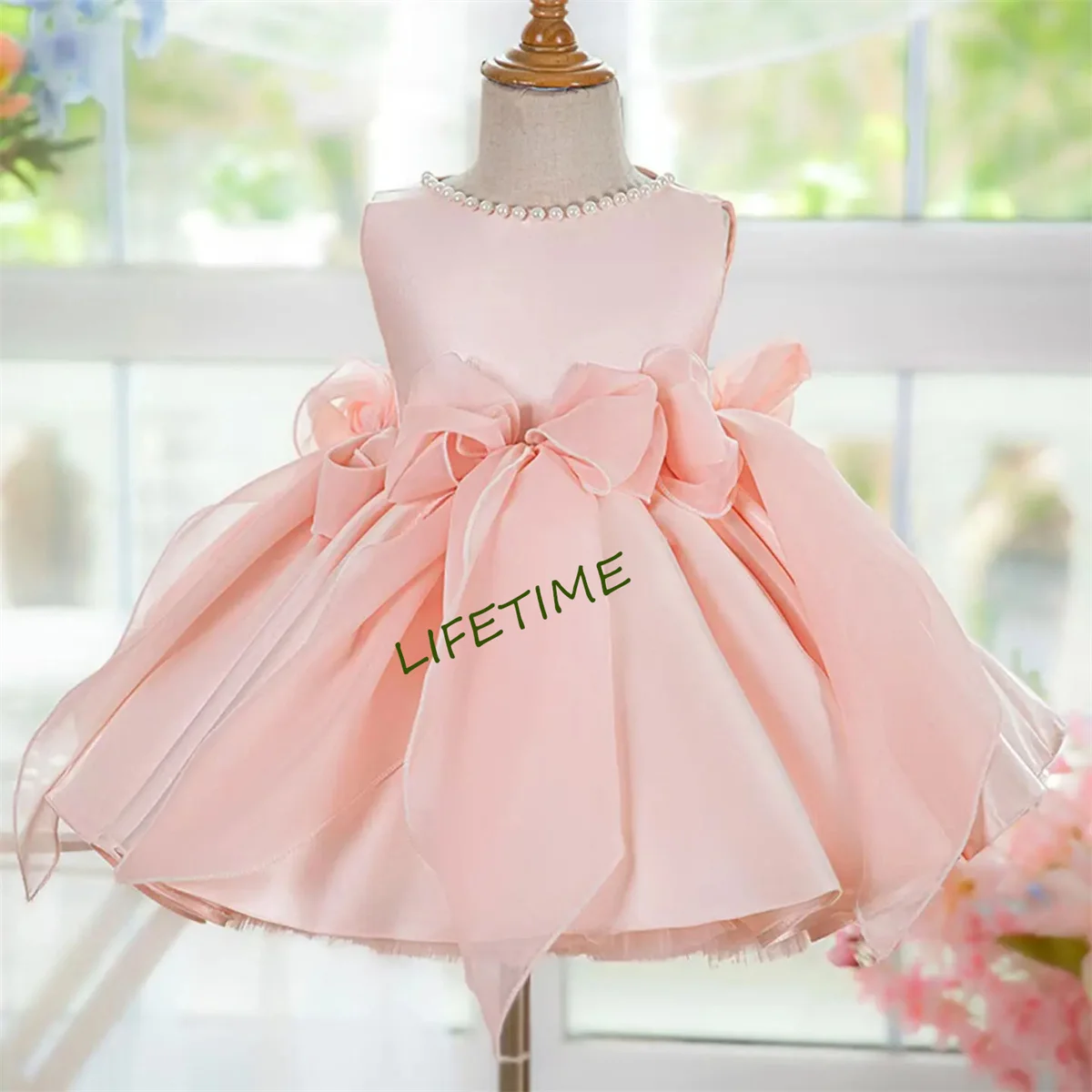 CustomizedElegant Sleeveless Pink Baby Pearls Flower Girl Dress Knee Length Princess Wedding Birthday Party Ball Gown