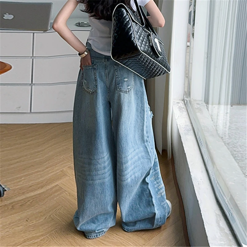 Kids Design y2k Retro American Ripped Jeans For Girl Fashion Wide Leg Letter Denim Pants Child Hip Hop Fashion Jeans Trousers