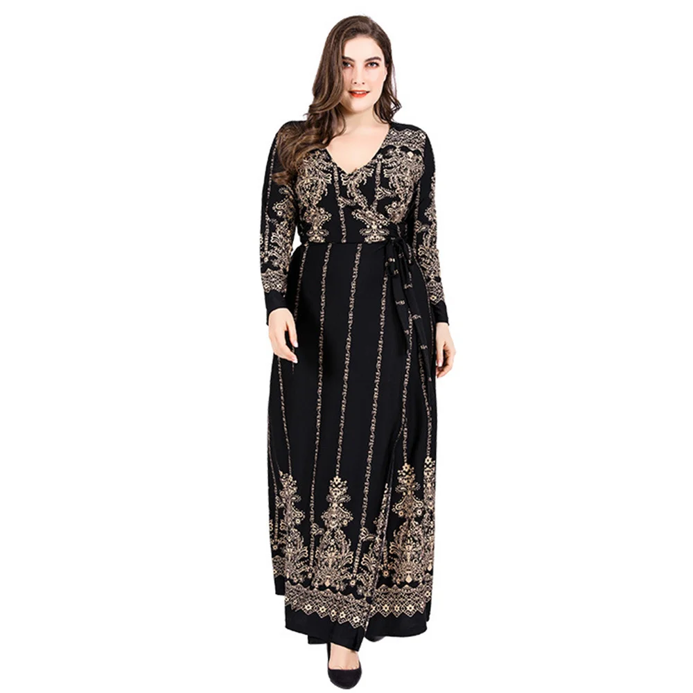 Vestido de noite manga longa com estampa vintage feminino, vestidos de festa femininos, malha elegante, grande, plus size, moda, 2023