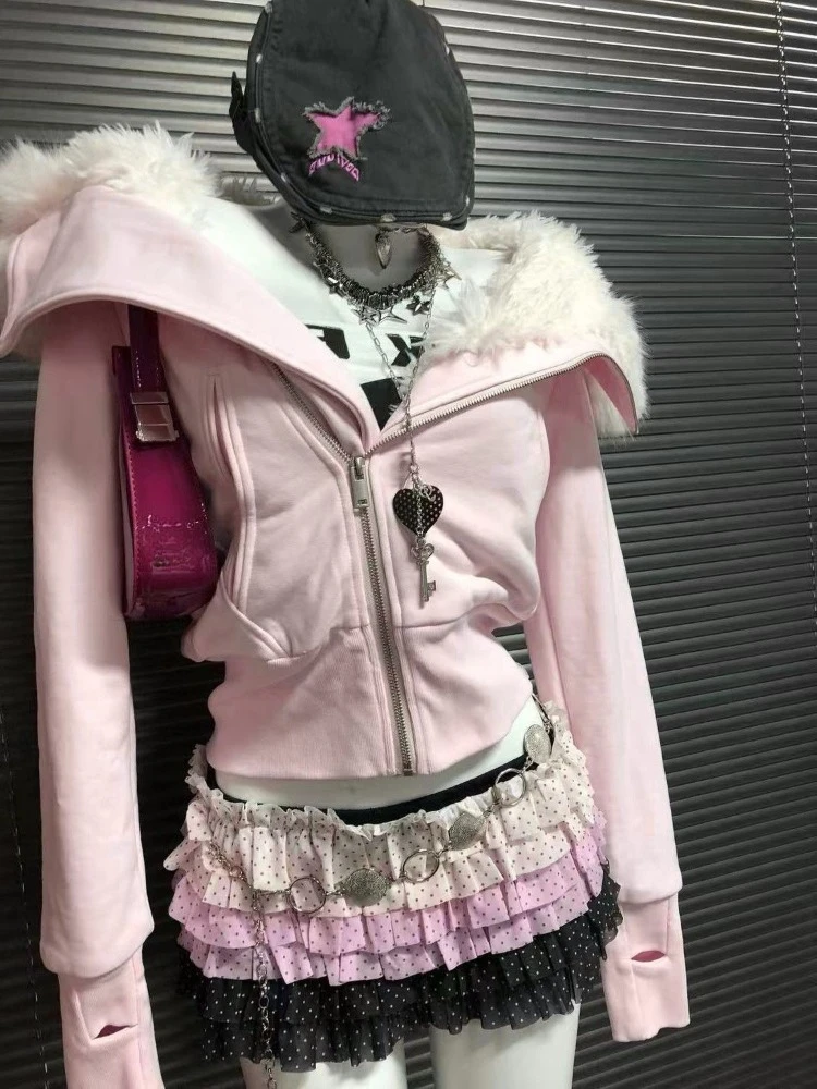 الجمالية خمر معطف مقنع ضئيلة النساء الشتاء Y2k ريترو 2000s سستة الفراء طوق هوديس الكورية الشارع الشهير الملابس 2025 جديد