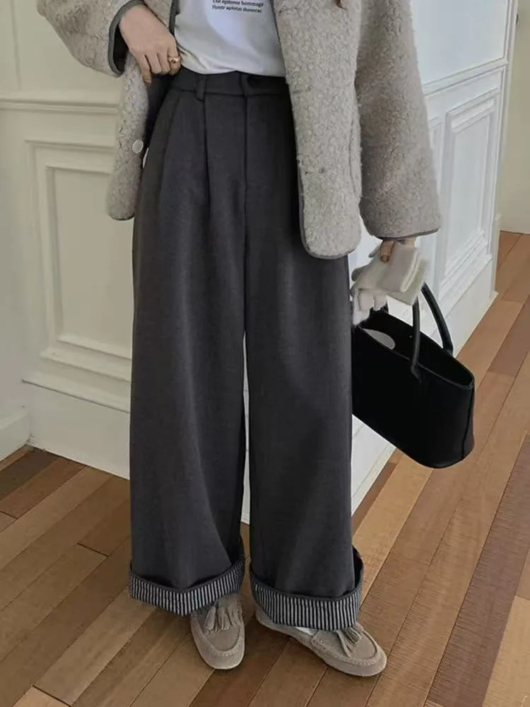Winter Thick Faux Wool Wide Leg Pants Korean Loose Casual Gray Straight Trousers Y2K Retro All Match Office Lady Warm Suit Pants