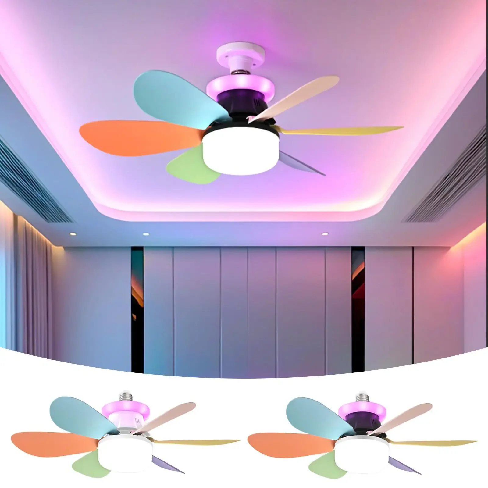 Smart Ceiling Fans With Lights 6-blade Quiet LED RGB Ambient Light 3 Speeds E27 Screw Mouth Removable Lamp For Kids Room