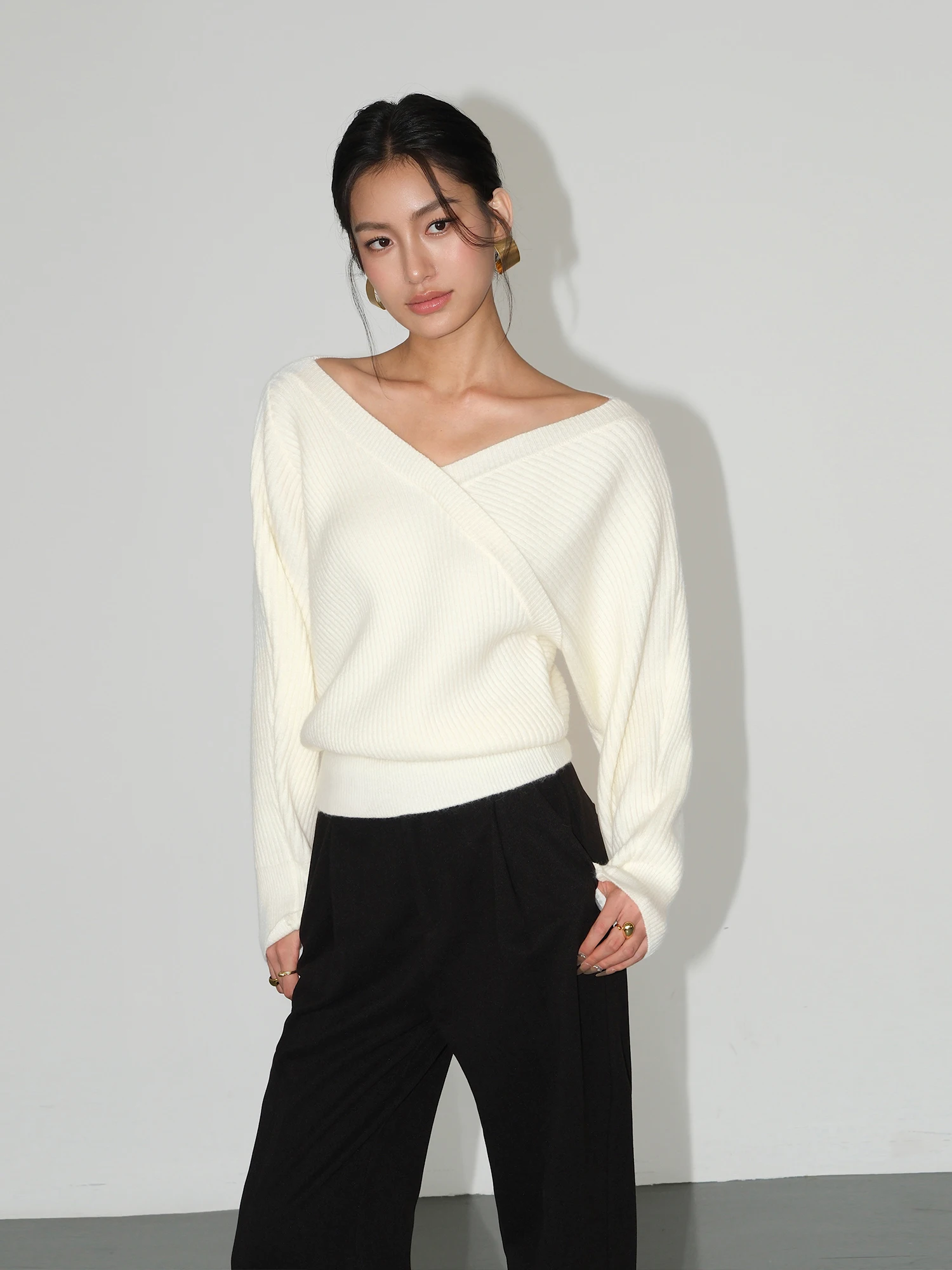 NEVA HU Women's Long Sleeve V-Neck Shoulder Bared Knitted Sweater Street Style Loose Fit Cross Irregular Design All-Match