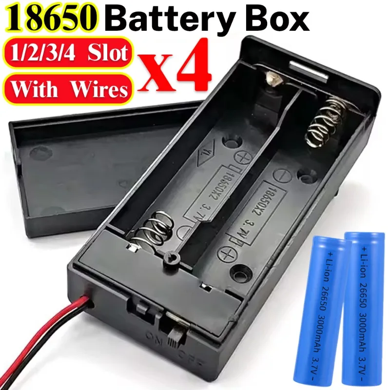 18650 Battery Holder Box 1 Slot 3.7V Battery Storage Case 1/2/3/4  Slot Hard Plastic Container with Connect Black Red Wires