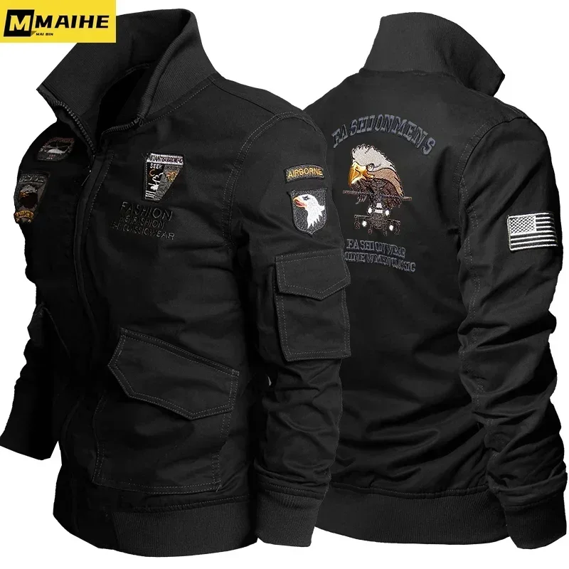 WorkHunting Pilot Jacket Men Retro Airborne Fleece Work Jackets Cotton Eagle Embroidery Army Coats Causal Stand Collar Outwear