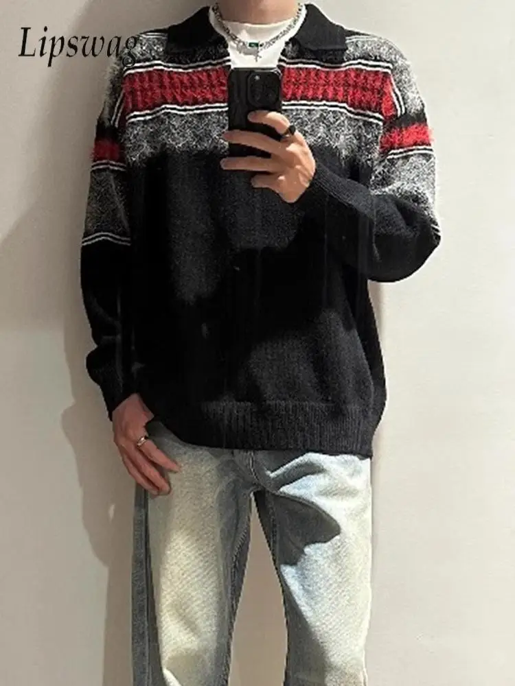 

Стильные мужские свитера-поло с отложным воротником, весенне-осенний повседневный лоскутный вязаный джемпер, топы, мужские винтажные пушистые вязаные свитера