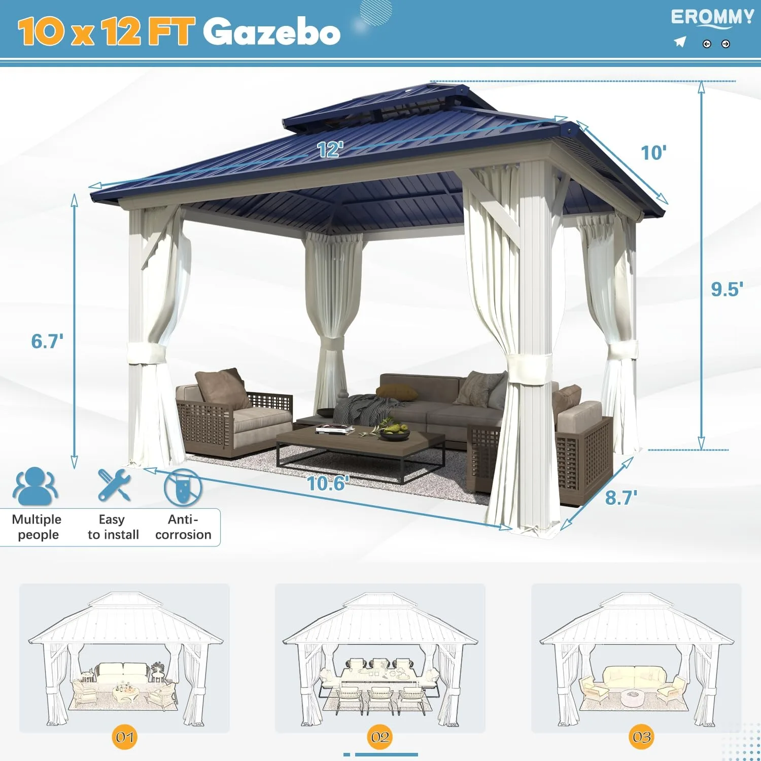 

Galvanized Steel Double Roof Gazebo, Aluminum Frame, Permanent Outdoor Pavilion (Customized)