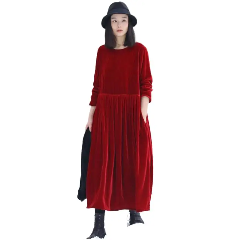 2024 New Korean style women Spring and Autumn long sleeve vintage velour dress Winter velvet maxi dress vestido mujer robe