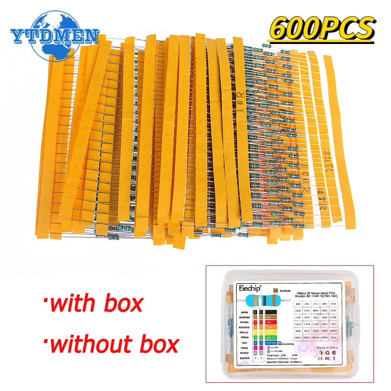 600pcs 30Values 1/4W Metal Film Resistor Kit 10Ohm ~1M Ohm Resistance 1% Set of Resistors 0.25w