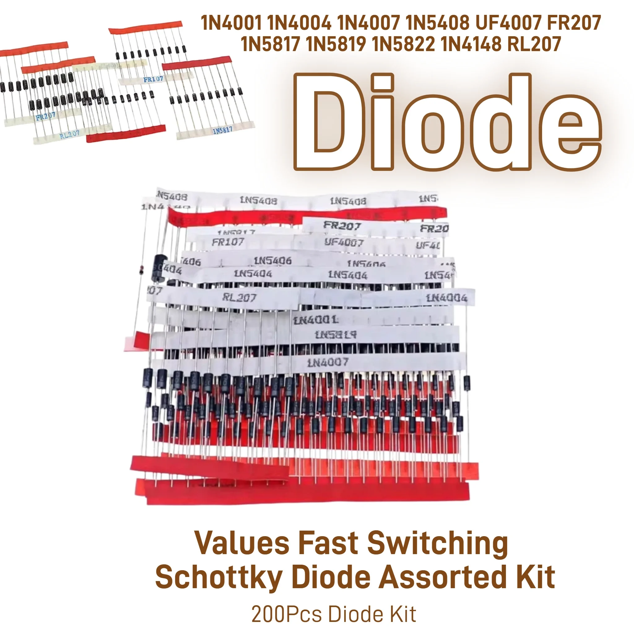 14 Values Fast Switching Schottky Diode Assorted Kit 1N4001 1N4004 1N4007 1N5408 1N5817 1N5819 1N5822 1N4148 UF4007 FR207 RL207