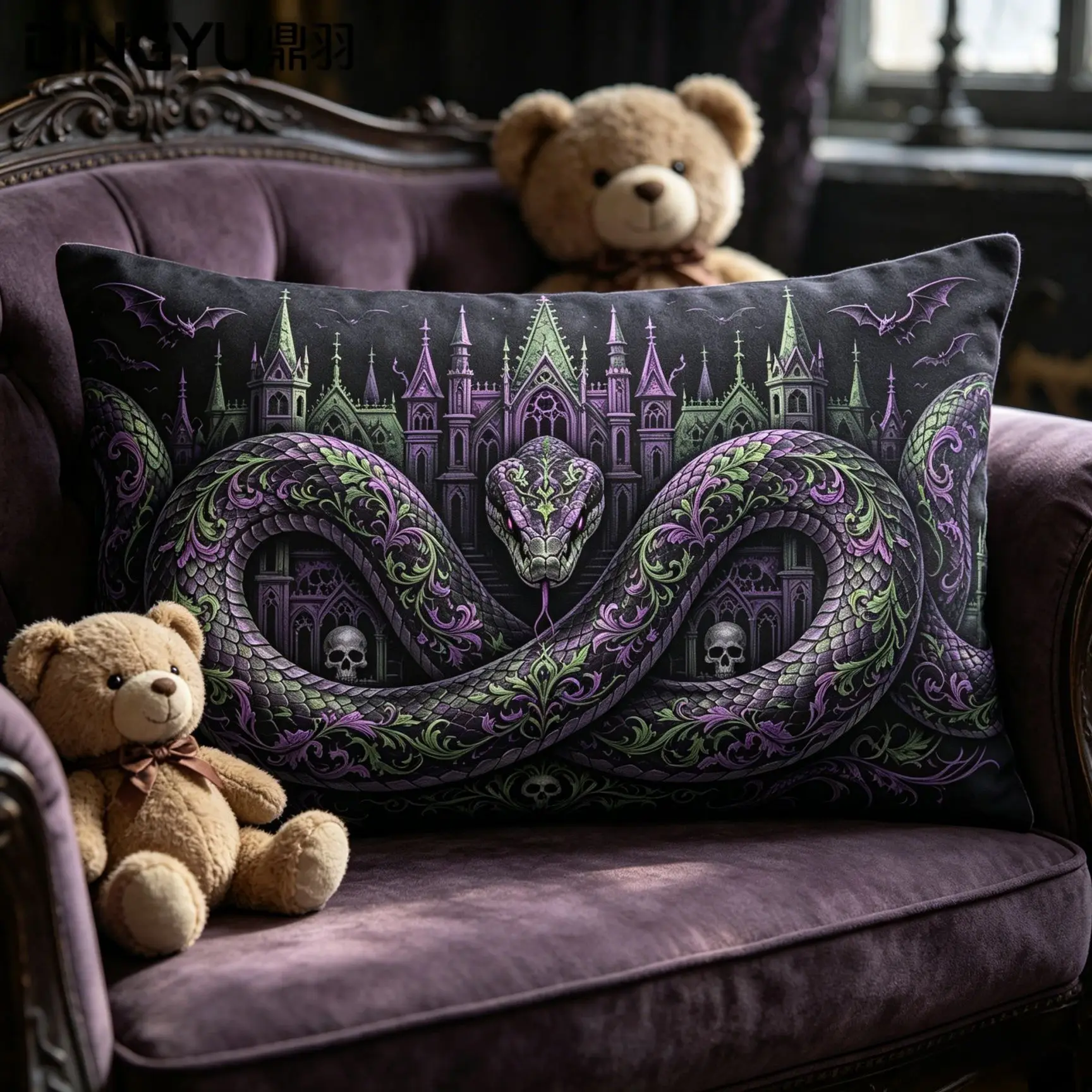 

Gothic Purple Snake Skull Long Bolster Pillow Complete Inner Core and Washable Pillowcase Versatile Waist Cushion Fit Bedroom
