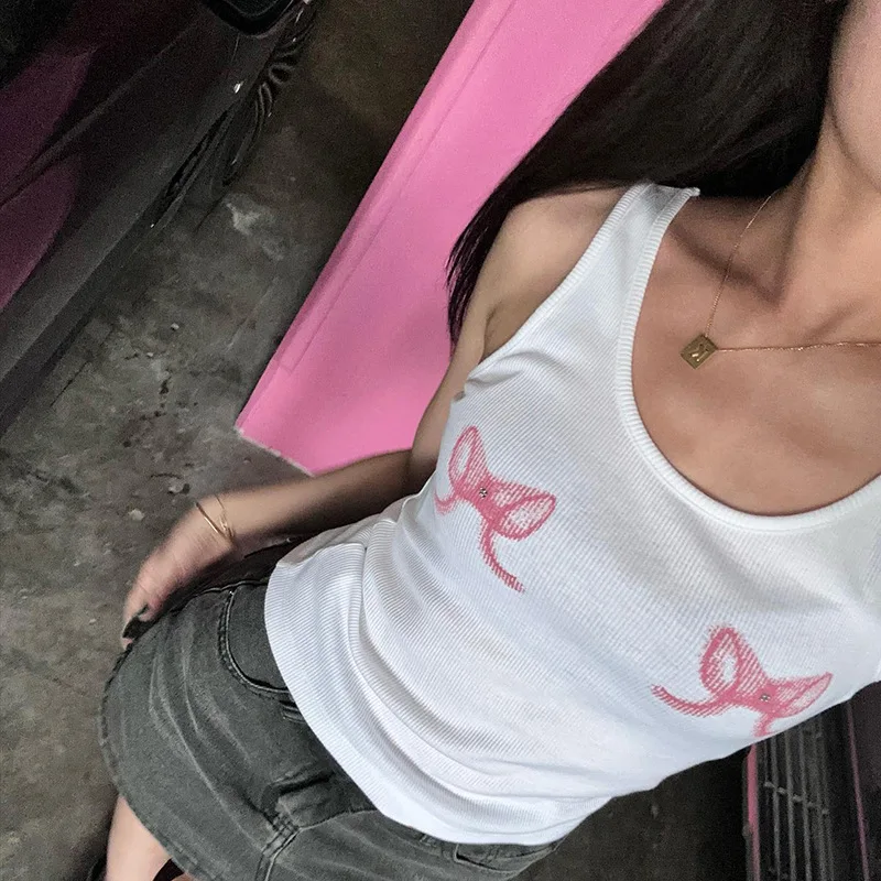 

Summer New Spicy Girl Crop Top With Exposed Navel, Fashionable And Casual, Hot Pressed Diamond Bow Printed Vest