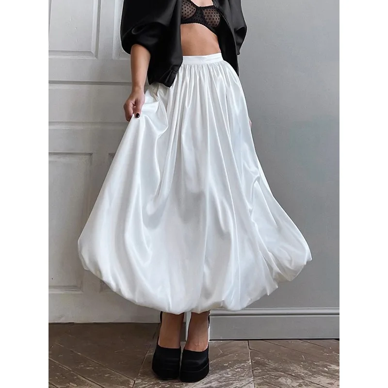 

Tinaa White Satin Balloon Maxi Skirt Women 2026 Fashionable High Waisted Casual Commuting A-line Long Skirts Ladies 125811