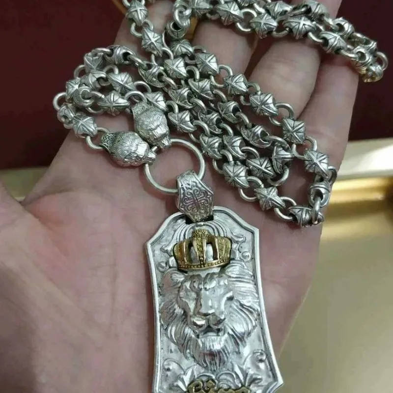 Fashion Sterling Silver Lion Tag Necklace, Old Silver Artisan Style, Trendy Student Jewelry