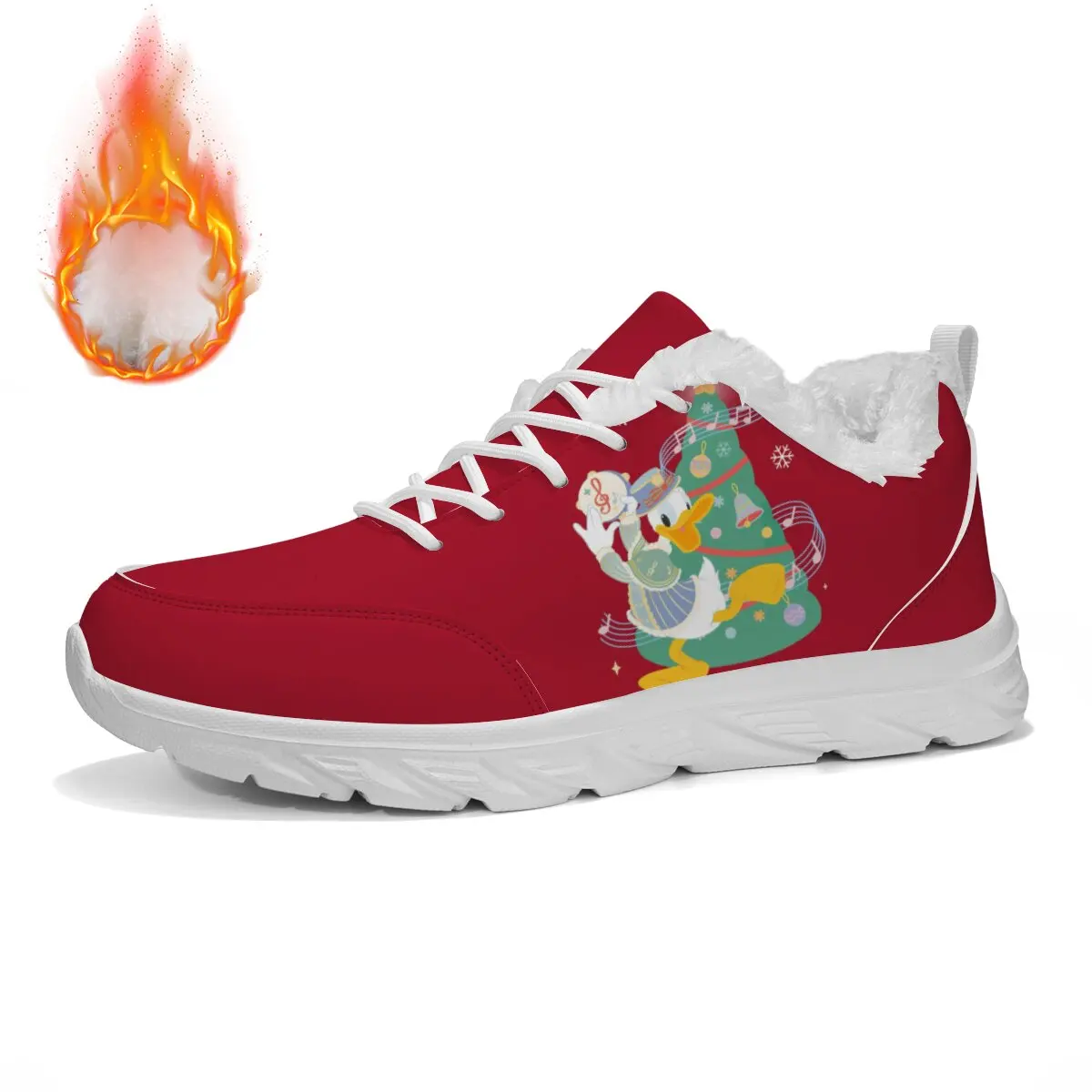 女性用冬用フラットシューズ、赤いクリスマスドナルドダックスニーカー、毛皮の襟とツリーの形をしたラウンドトゥ、暖かい綿の靴