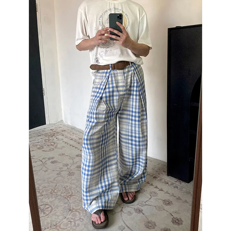 2026 American Retro Plaid Casual Pants  Man's Loose Lazy Style Floor-Length Wide Leg Pants High Waist Asymmetric