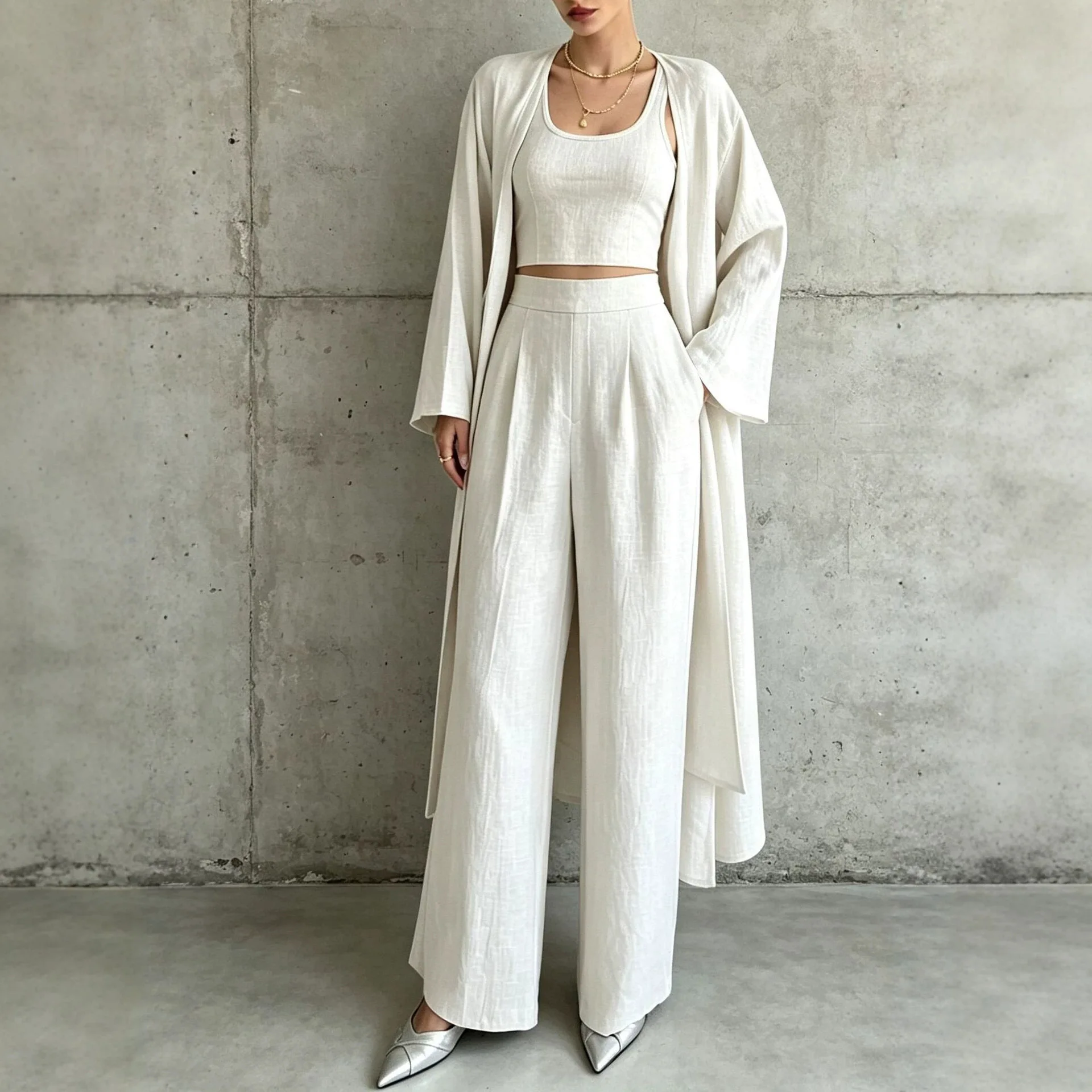 Women's Casual Fashion 3 Piece Set Loose Wide Leg Pants with Long Sleeve Cardigan Vest European American Style XXL Size