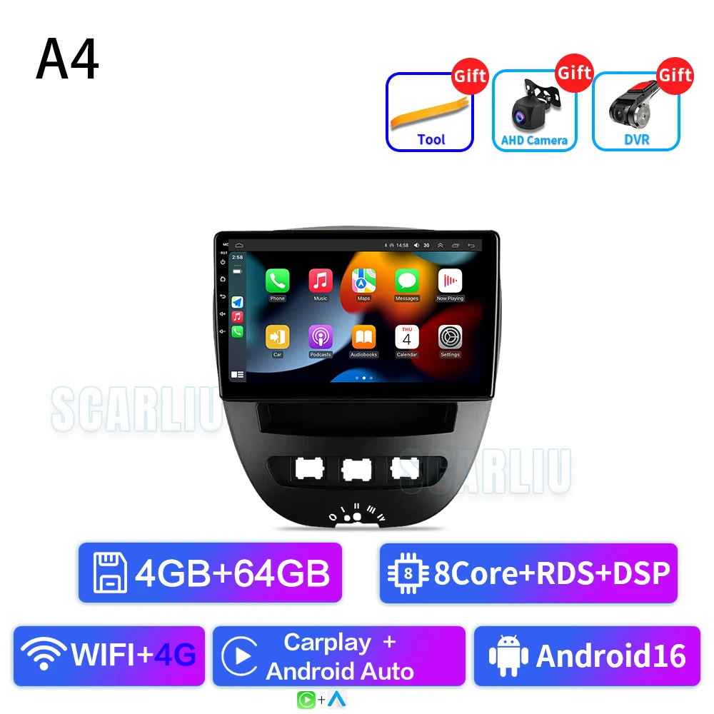 SCARLIU For Peugeot 107 Toyota Aygo Citroen C1 2005-2014 Multimedia autoradio WIFI Wireless Carplay Android Auto Car Radio