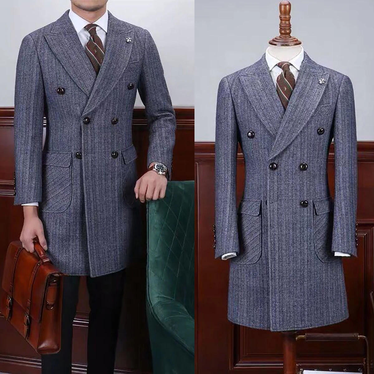 Abrigo de lana de invierno a rayas para hombre, gabardina gruesa de Tweed Formal, doble botonadura, ropa informal personalizada de talla grande