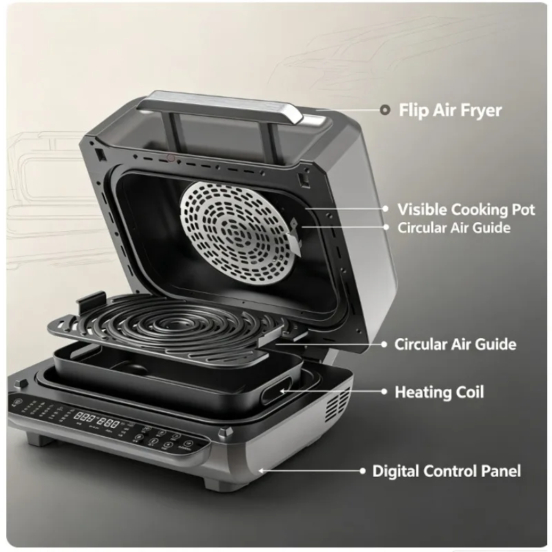 8-in-1 Multifunctional Indoor Smokeless Grill&Air Fryer Built With Smart Thermometer, Household Multi-purpose Cooking Appliance