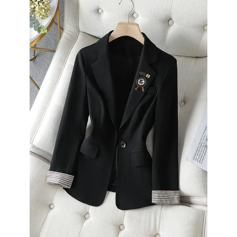 Blazer hitam coklat wanita, mantel kasual Khaki musim semi musim gugur lengan panjang kancing tunggal polos