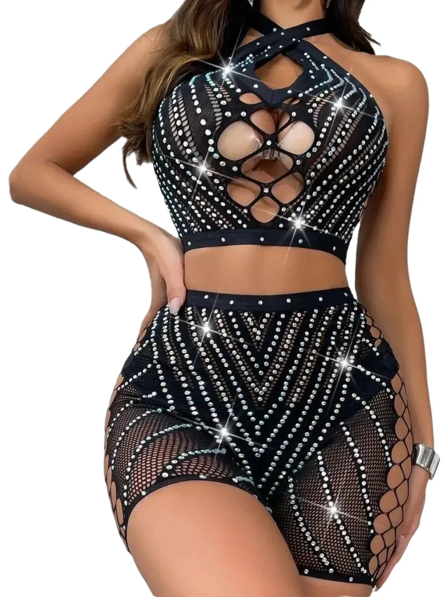 

Women's Sexy Large Mesh Hole Halter Neck Crop Top Shorts Sets Off-the-shoulder Hanging Neck Hollow Out Shorts Sets Charming 7GRK