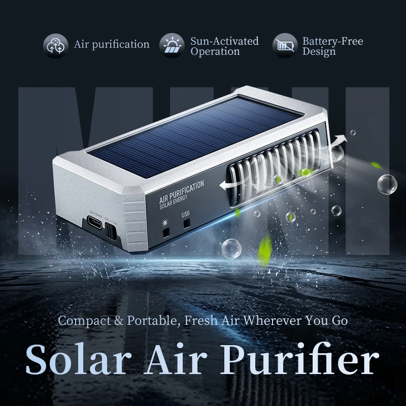 Solar-powered car air purifier, battery-free, works by exposure to sunlight, ozone eliminates odor, purifies and disinfects