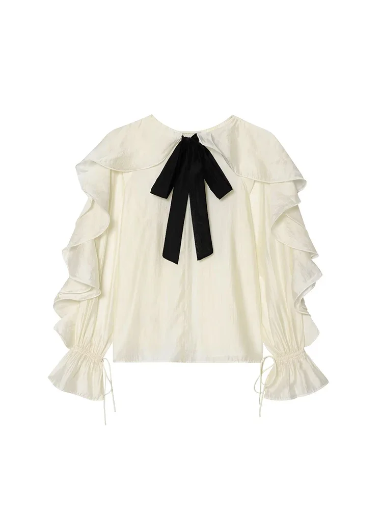 

European and American style 2025 autumn new women's clothing temperament contrast color ribbon ruffled blouse shirt